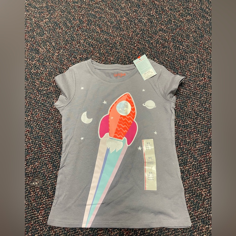 Cat & Jack Gray Short Sleeve Tee with Pink & Orange Rocket Graphic